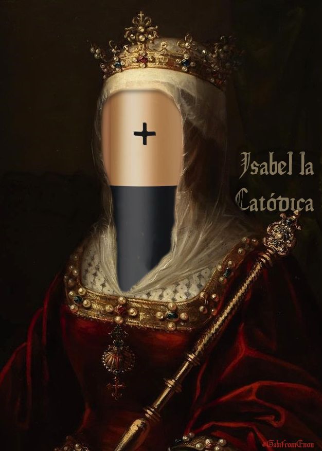 un retrato de Isabel la Católica en el que la cabeza de la reina ha sido expertamente sustituida por una pila triple A. Y además, la firma del autor de esta tontería, @GabiFromEnon , está arteramente oculta en un lugar estratégico del diseño.