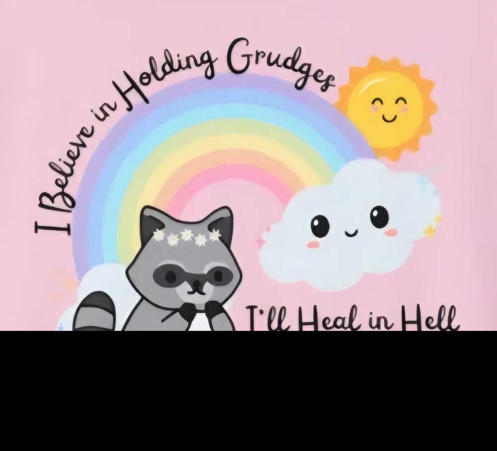 I believe in holding grudges. I'll heal in hell, in cursive font over a rainbow and cute raccoon