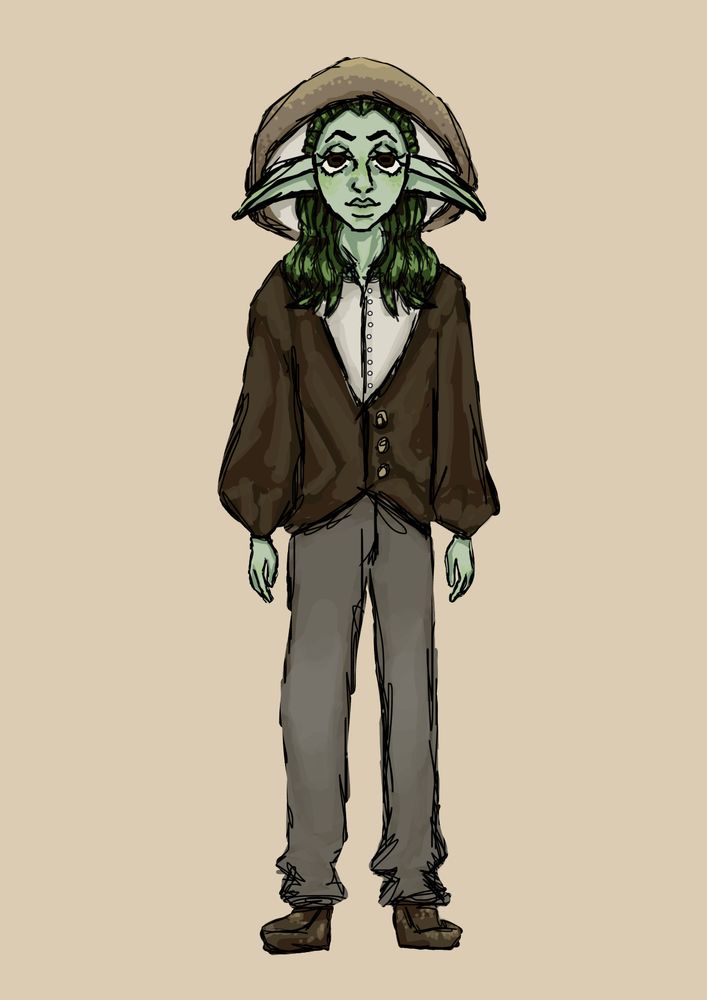 Drawing of a goblin with big ole droopy ears and droopy brown eyes, long dark green hair, and light green skin. They have brown leather boots, grey pants, a brown buttoned cardigan, an off white dress shirt, and a brown mushroom hat. The background is a light creamy beige