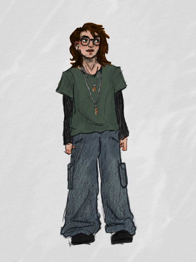 A full body drawing of an androgynous person with shoulder length auburn hair, baggy jeans, a green tshirt with black long sleeves underneath, and round glasses