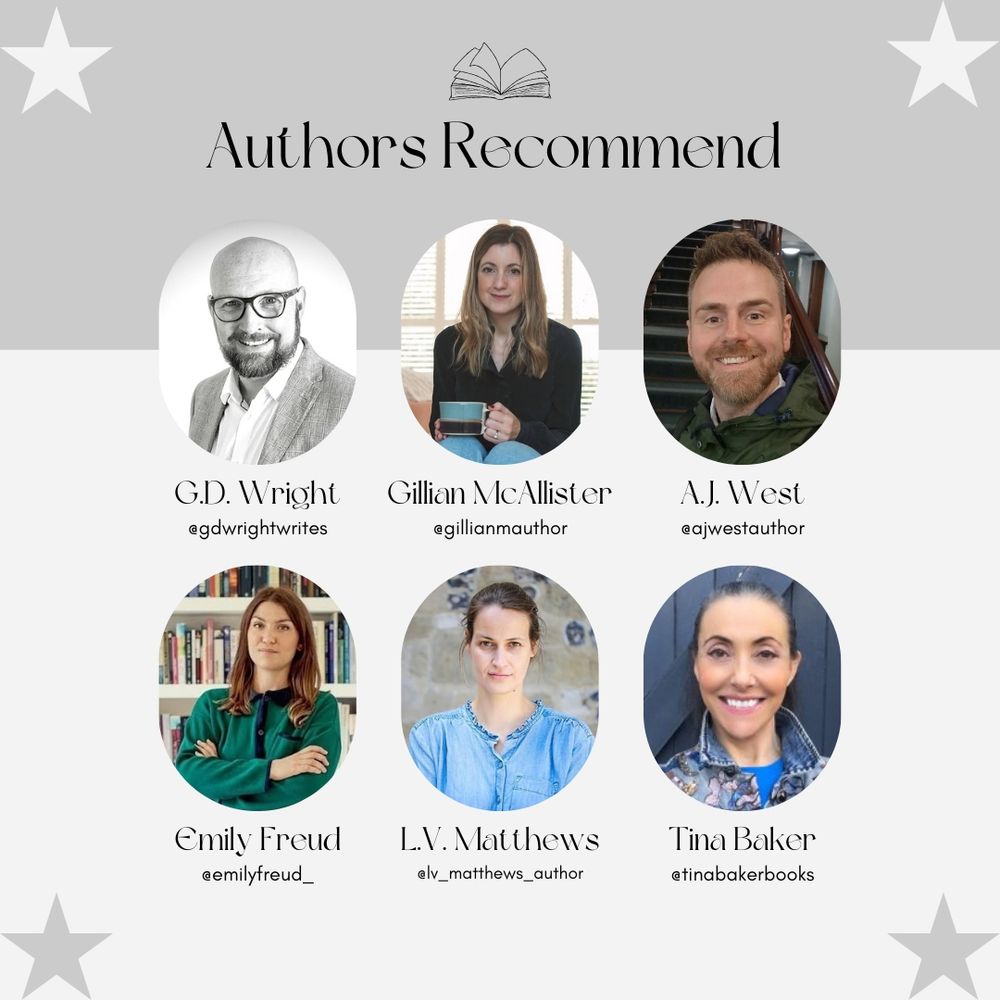 Six photos of authors:
@gdwrightwrites
@gillianmauthor
@ajwestauthor
@emilyfreud_
@lv_matthews_author
@tinabakerbooks
