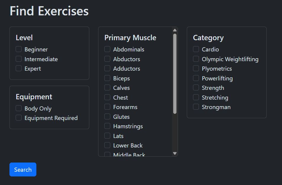 A gif showing an exercise app. The user is choosing various options such as skill level, equipment, and muscle groups. The app shows them exercises related to their selection. The user clicks an exercise and sees more details and photos about the exercise they chose.