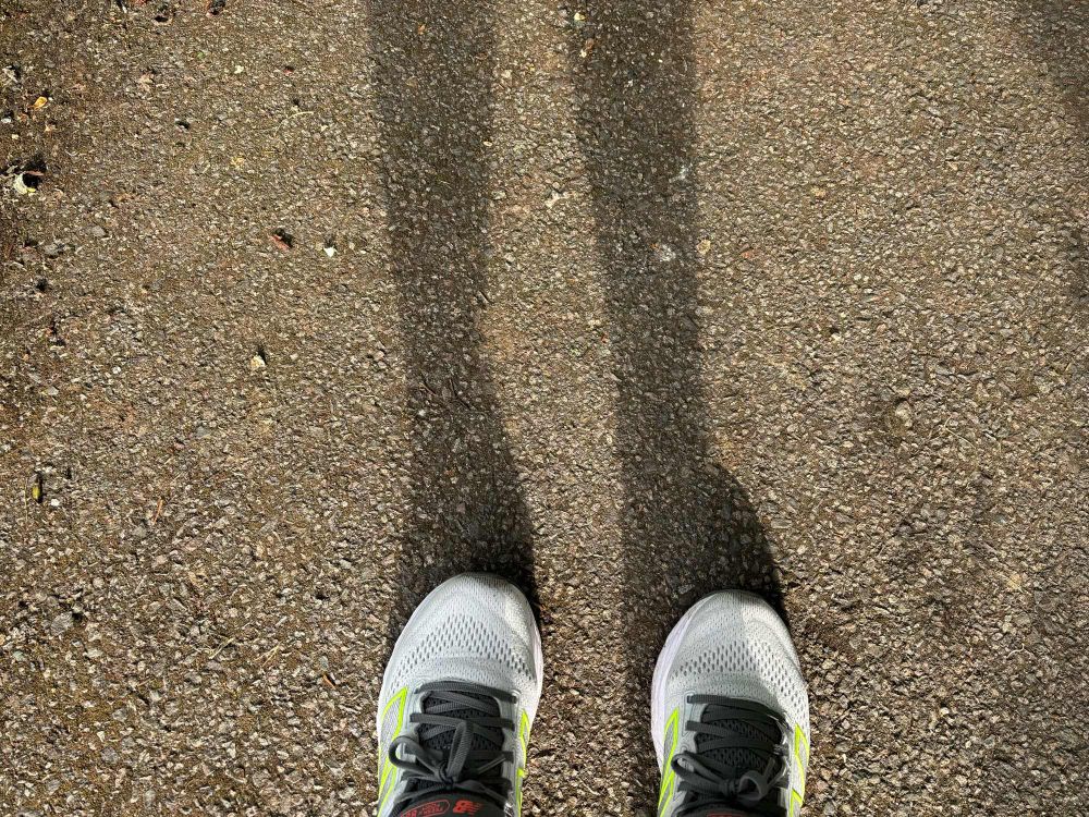 A pair of white running trainers with grey laces, on tarmac. The sun is behind and it’s casting a shadow in front of the trainers.