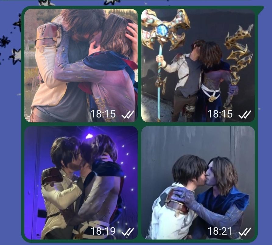 Whatsapp message with 4 photos of baby no money and will neff kissing in jayvik cosplay.