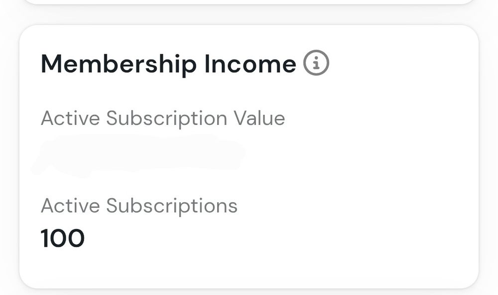 A screenshot of a kofi page that reads "membership income, Active Subscriptions: 100"