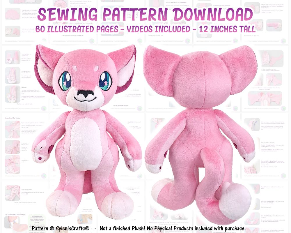 a cover for a plush sewing pattern download. It features a pink anthropomorphic character with feline traits.
