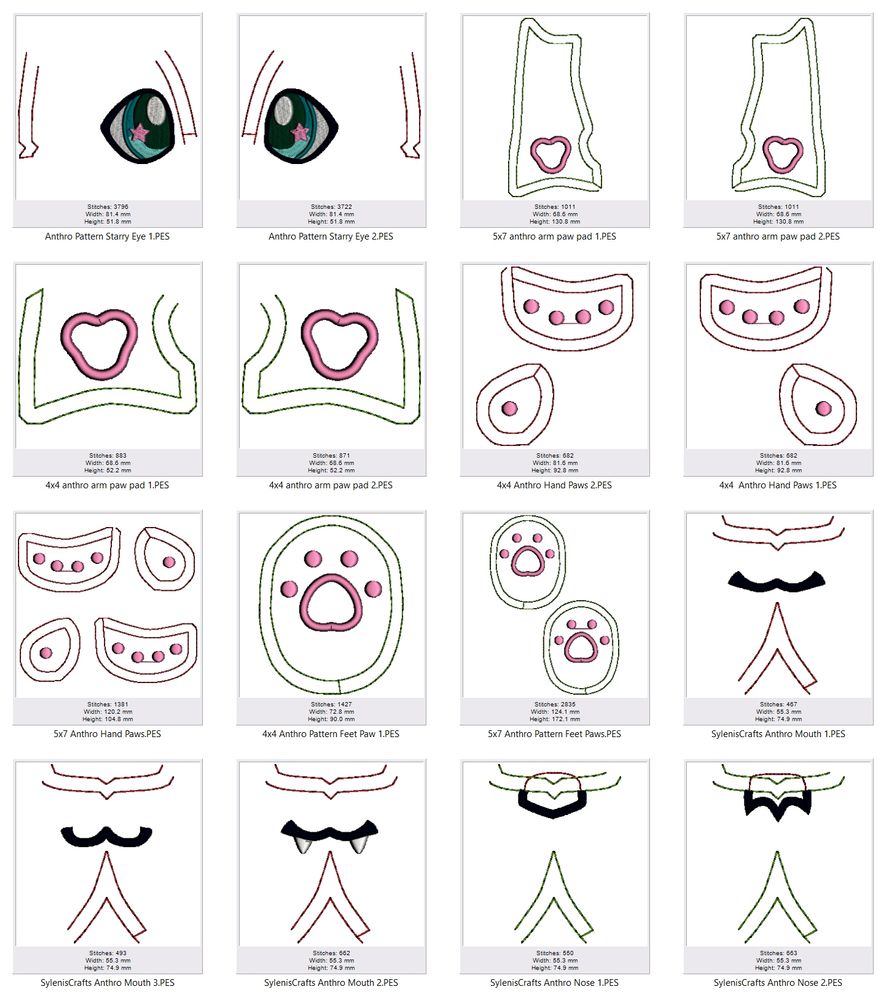 a grid of embroidery files set up for a particular plush pattern. The 16 thumbnails show various arrangments for different sized hoops, with designs for the eyes, paws and face of a plush.