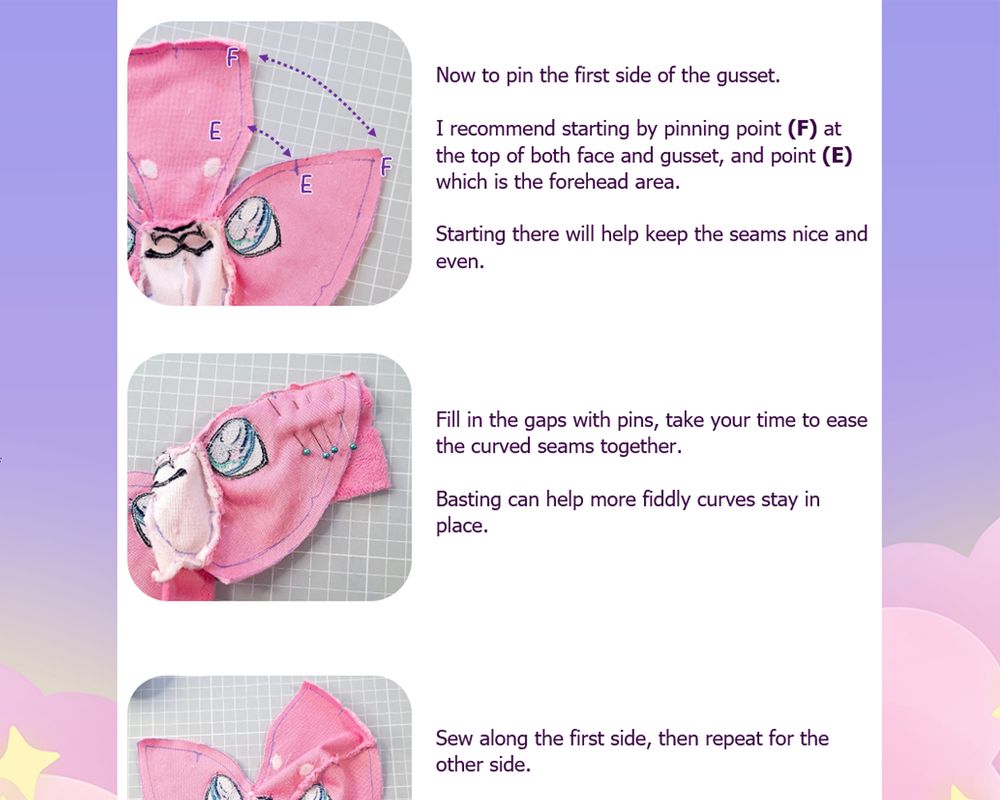 an exerpt from a plush sewing pattern download. It features advice on easing and opposing curves. The page is divided up with images on the left side that provide a visual explanation for the text on the right side.