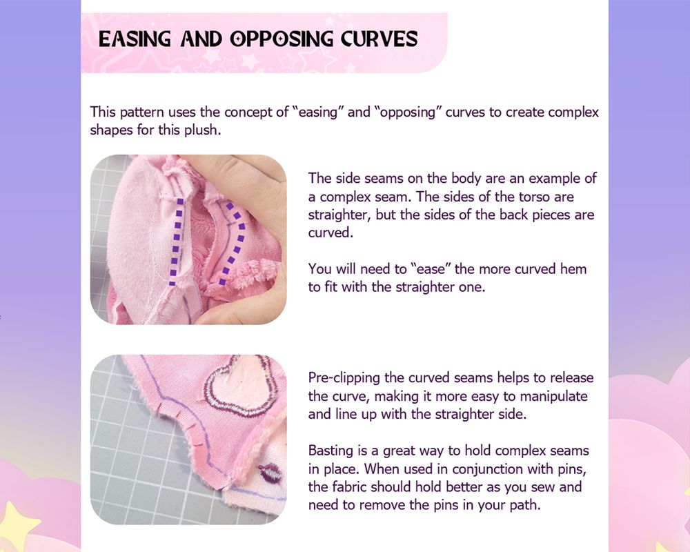 an exerpt from a plush sewing pattern download. It features advice on easing and opposing curves. The page is divided up with images on the left side that provide a visual explanation for the text on the right side.