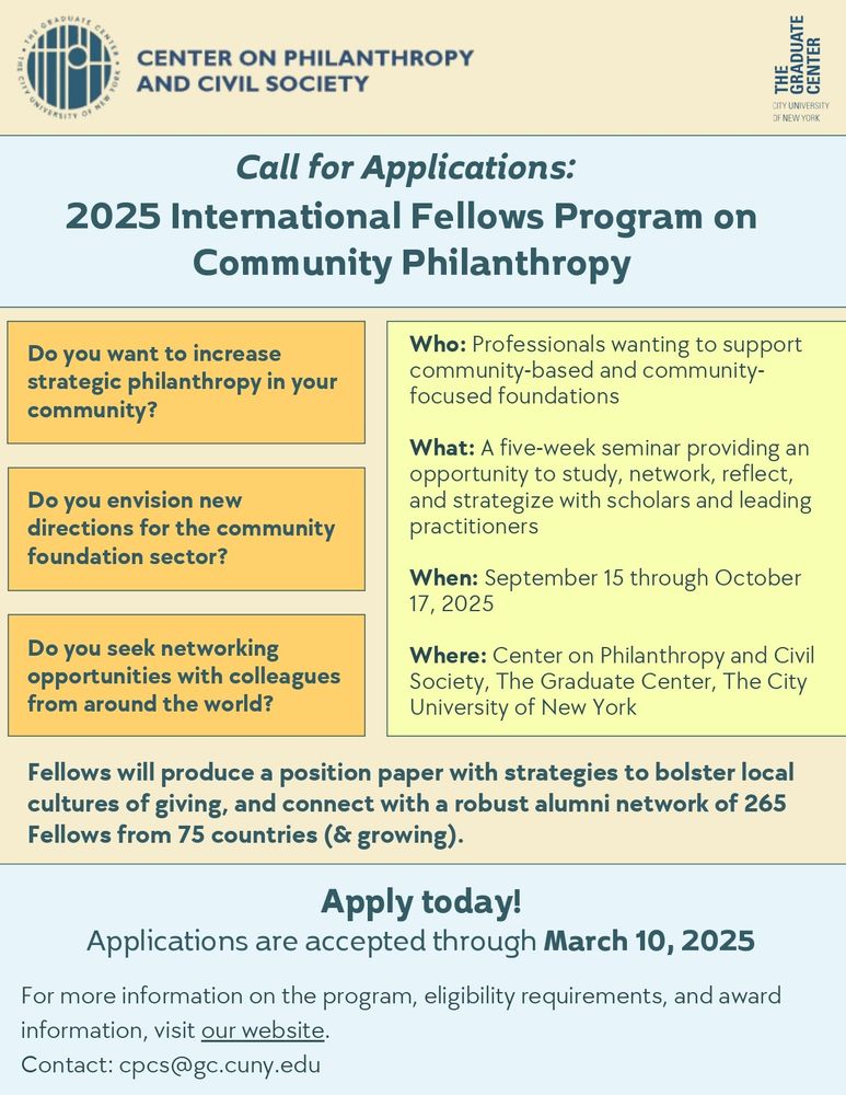 Flyer announcing the Center on Philanthropy and Civil Society's 2025 International Fellows Program on Community Philanthropy (9/15 through 10/17, 2025).  Application deadline:  March 10, 2025.