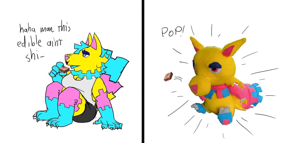 A two-panel comic, the first panel showing an anthropomorphic pinata furry eating a photorealistic brownie and saying "haha man this edible ain't shi-". The second panel is the same furry, now a photo of a plushie of the same character, with the brownie flying away and a "POP!" sound.