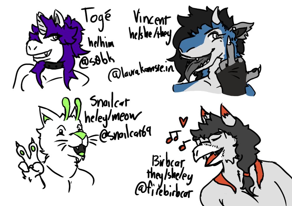 Four characters are shown. Top left is a unicorn named Toge (he/him) by @s0bk. Top right is a dragon named Vincent (he/she/they) by @laura.karnste.in. Bottom left is a snailcat named Snailcat (he/ey/meow) by @snailcat69. Bottom right is a griffon named Birbcat (they/she/ey) by @firebirbcat. All characters are primarily grayscale with small color accents. Toge's hair is purple, Vincent's fur is partly blue, Snailcat's antennae. tongue, and paw pads are lime green, and Birbcat's ears, tongue, stripes, and music notes are orange.
