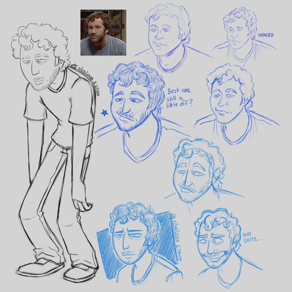 Digital sketches in black and blue of Roy from the show The IT Crowd. Reference pic at the top with sketches becoming more cartoony towards the bottom of the page