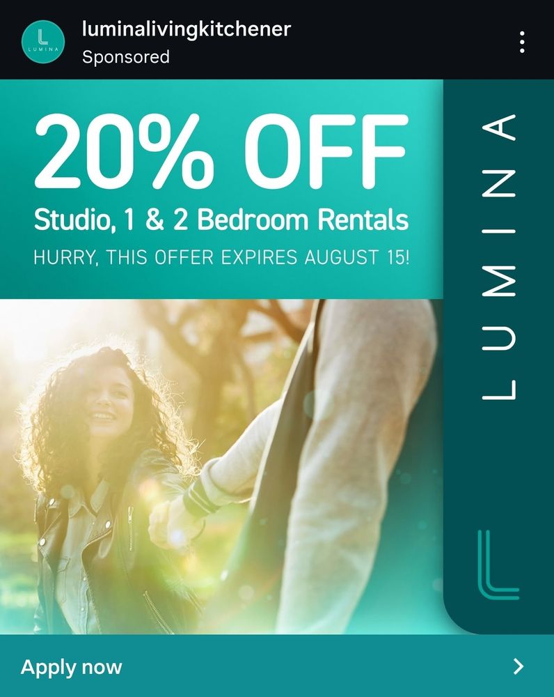 An ad for 20% off all studio, 1, and 2 bedroom apartments