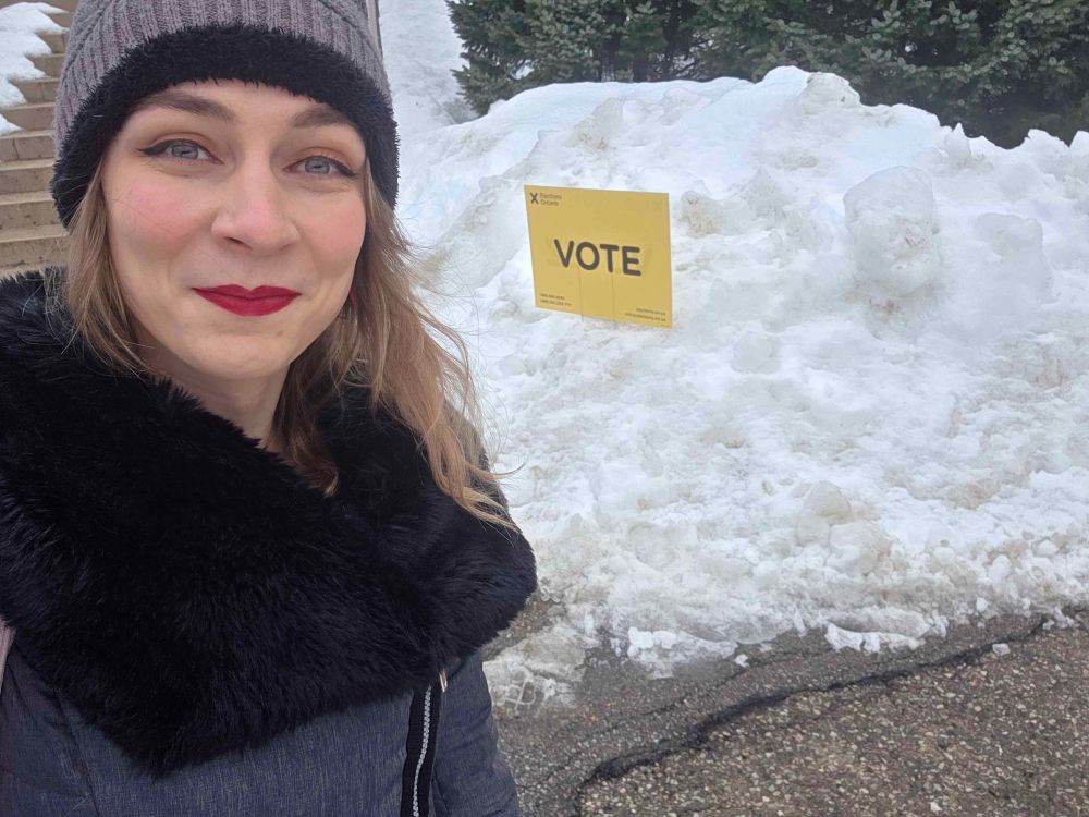 Photo of Brooklin outside polling station.