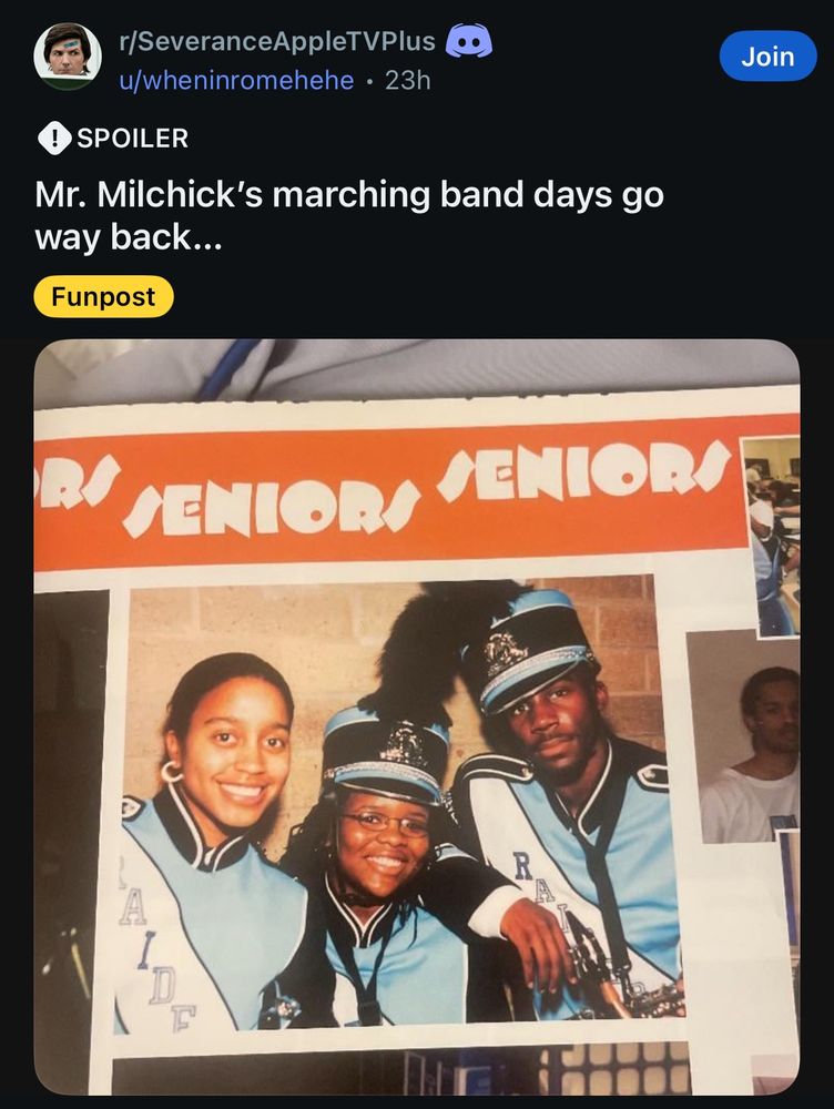 A Reddit post from a Severance subreddit titled Mr. Milchick’s marching band days go way back…” and shows the actor who plays him, Tramell Tillman, in a marching band outfit with two other marchers. Their colors are powder blue and dark blue. 