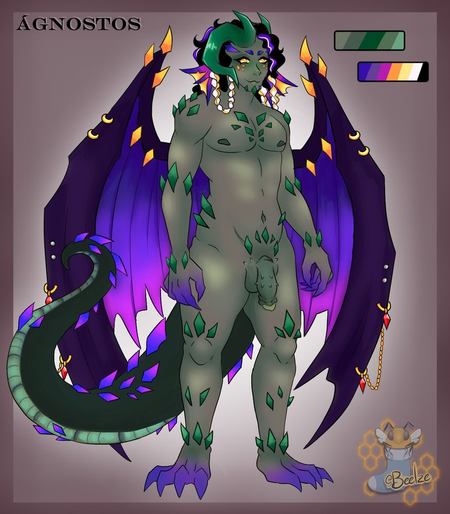 Fullbody nude image of a dragon-humanoid character who has green-gray skin and scales, a long green tail, and pierced purple wings. They have messy hair with hair loop braids that are the colors of the nonbinary flag, various head and horn jewelry pieces, and are wearing a bloodborne-inspired outfit with pastel goth corset and accessories. 
Fullbody image of a dragon-humanoid character who has green-gray skin and scales, a long green tail, and pierced purple wings. They have messy hair with hair loop braids that are the colors of the nonbinary flag, various head and horn jewelry pieces.