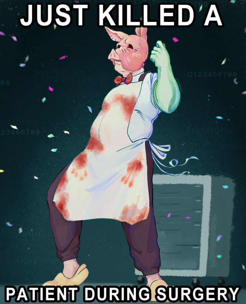 DC's Professor Pyg dancing in an environment that looks vaguely like an operating room but probably isn't. Confetti rains from the ceiling, and his apron is stained with blood, but he's unfazed. The text on the top and bottom of the image reads "just killed a / patient during surgery."