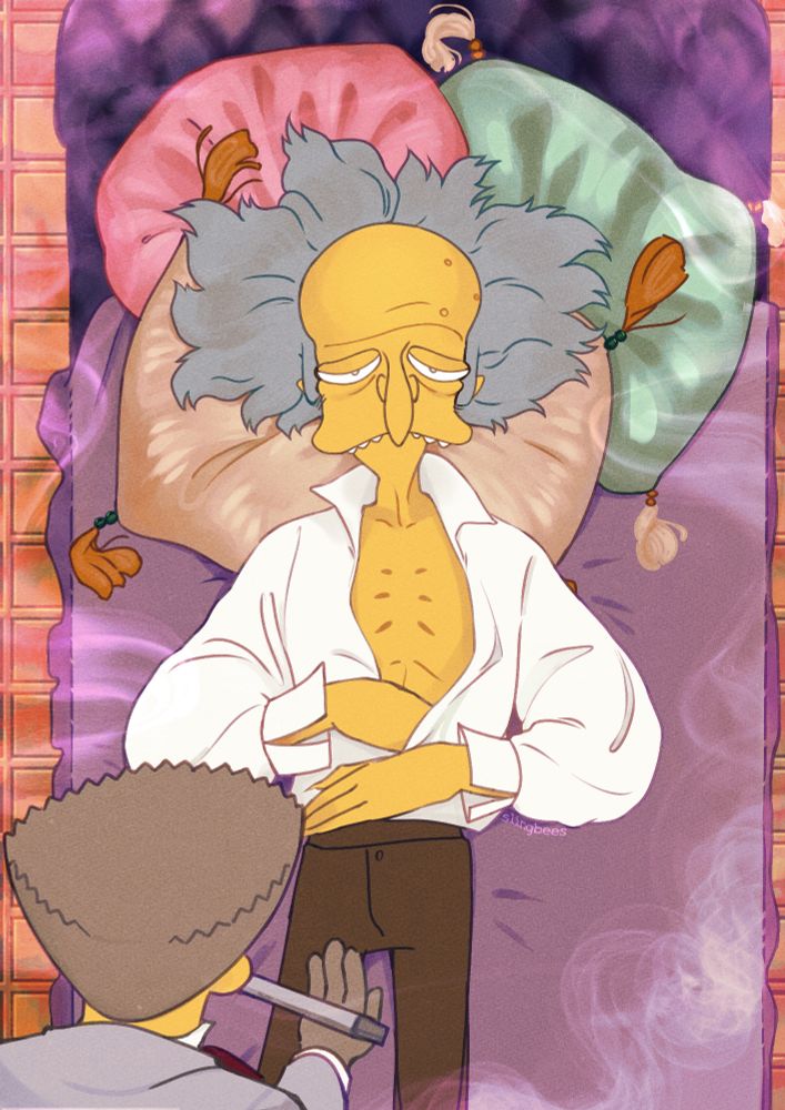 Digital fanart of Mr. Burns from the Simpsons. His unkempt hair flows over several silken pillows surrounding him, and he's half-dressed in victorian attire, his hands resting on his torso with one of them tucked into his open shirt as he stares at the ceiling in a drugged haze. Smithers offers him his pipe, and the room is filled with a pink haze.