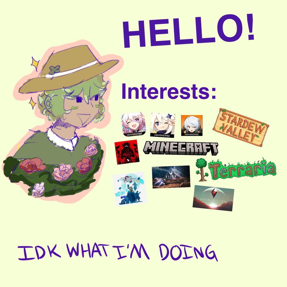 My persona, and my interests: 
Honkai: Star Rail, Genshin Impact, Zenless Zone Zero, Pressure (from Roblox), Minecraft, Stardew Valley, Risk of Rain 2, Elite Dangerous, Terraria, and No Man’s Sky.