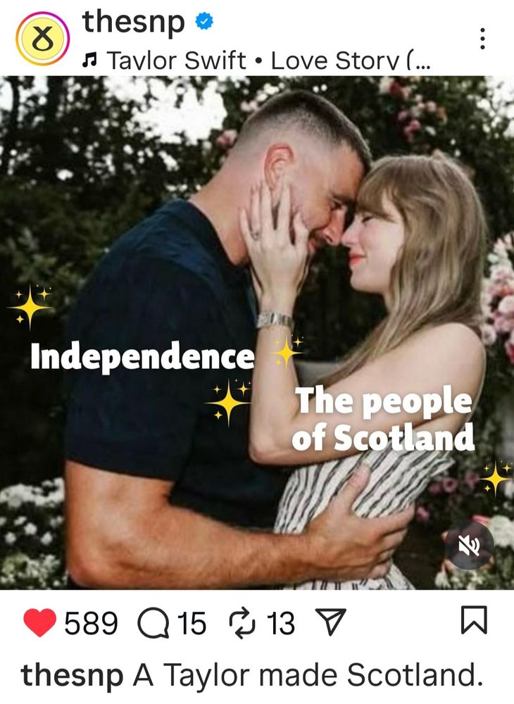 Taylor Swift and Travis Kelce. Travis is looking adorably at Taylor with the word 'Independence' on him & Taylor embracing him with the words 'The People of Scotland' on her. 