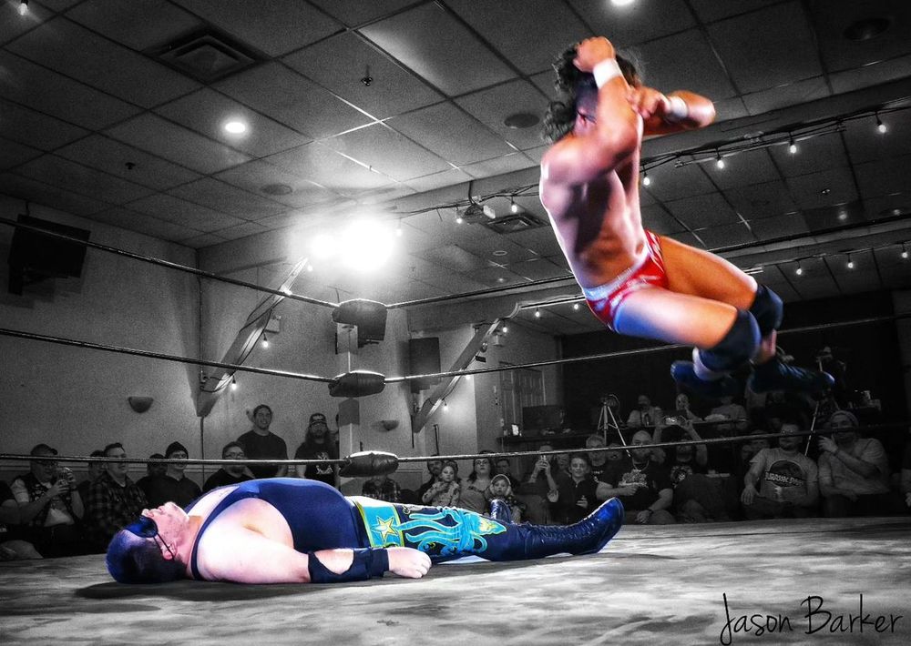 Blindfolded London Lightning going for an elbow drop in blindfolded Cecil Nyx but missing by a lot 