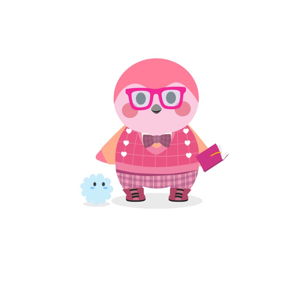 A pink bird from the Finch app wearing a pink vest, pink plaid trousers, pink plaid bow tie, pink glasses and holding a pink book. A poof micropet is next to the bird. 
