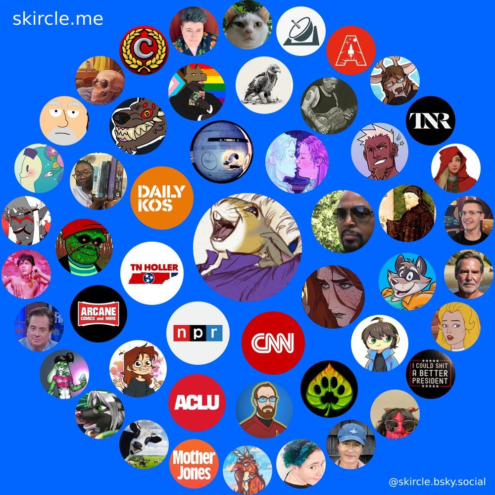 A Skircle, which is a graphic representation of interactions with me on Blusky. It is a grouping of icons of people, with my Jackrabbit icon in the center, with rings of further icons surrounding. The first ring from the center has 8 icons, the next has 15, and the outermost has 26. The array is on a blue background.