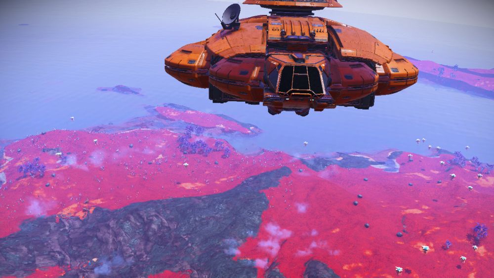 A head-on view of the ship, over the same planet. the overall shape is a fat losenge seen from this angle, with the cockpit at the center. The shallow dome is just barely out of frame, and the repulsor-style landing pods are just visible. (see other views)