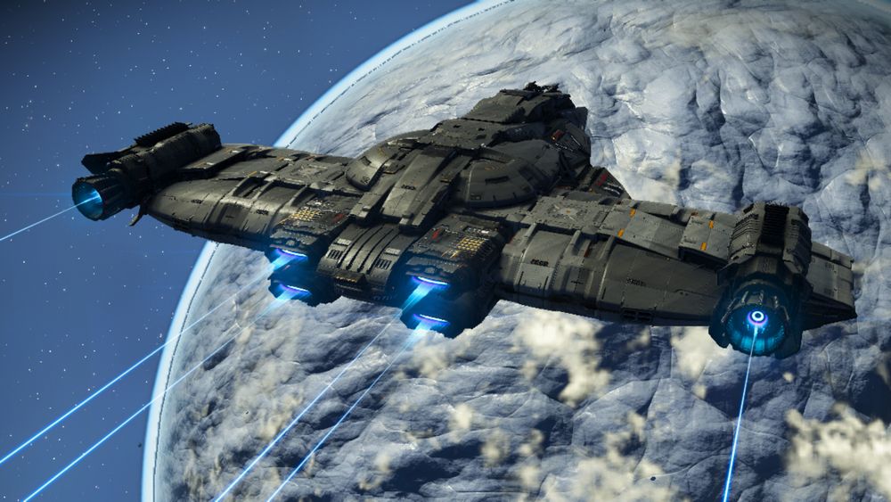 This last view is from the rear, all six engines visible. There are no fins or control surfaces visible on the upper hull. (see other images)