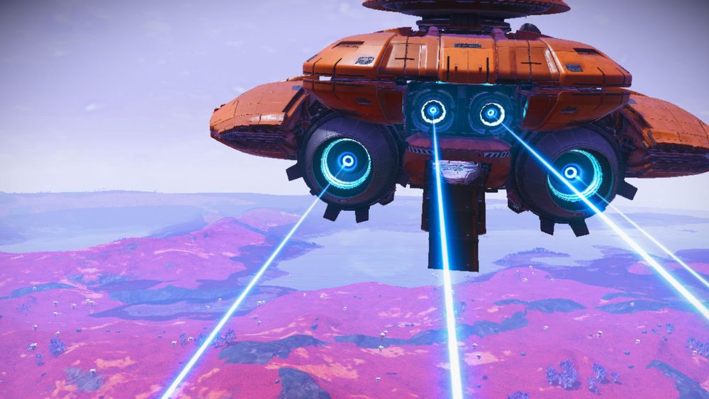 A view of the rear of the ship, all four engines visible, and the hatch open and lowered (I have no idea- it just does that sometimes). The shallow dome is just partly out of frame. (see other views)