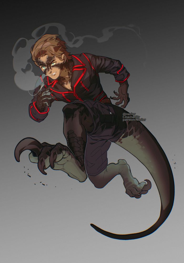 An image of a Shadowrun character, on a gradient-grey background that starts dark in the upper left and ends light in the lower right. The character is Edde Lizard, and he's wearng what look to be dark-colored cargo pants, tailored to deal with his tail, and a black leather jacket with bright red trim. His upper body is mostly human, though has hands are heavily scaled and clawed. Black scaling mixed with normal causasian-human skin is visible on his chest and face; the scaling forms an 'X'pattern across his featurs. His lower body is very much that of a velocirator-type diansaur, complete with thick tai and three-toed digitigrade feet with the inner toe being the huge 'switchblade' claw that raptors are famous for He isn't feathered, as we now know that raptors were, instead his lower body is scaled in black and grey. In the pose, he's leaping forward,one arm before his chest, one back. His hair is brown, and he's smoking a cigarette that trails smoke around his head and off behind him with the motion of his leap. 