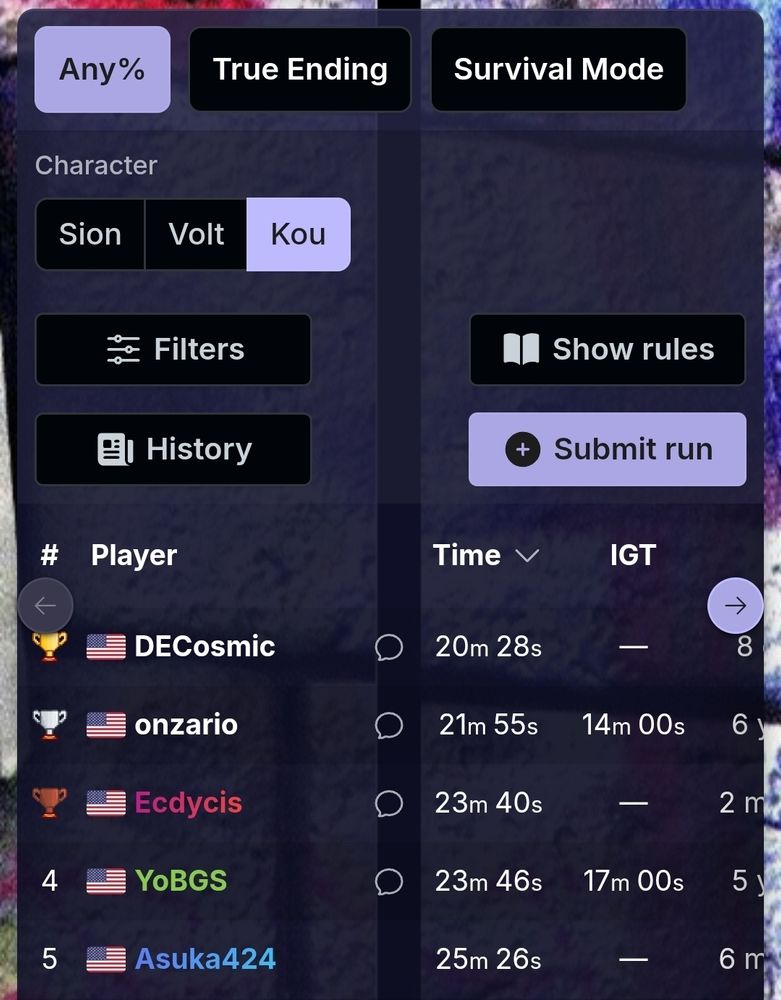 A screenshot of the speedrun leaderboard for the videogame The Bouncer.  It shows DECosmic has the world record for the character Kou.