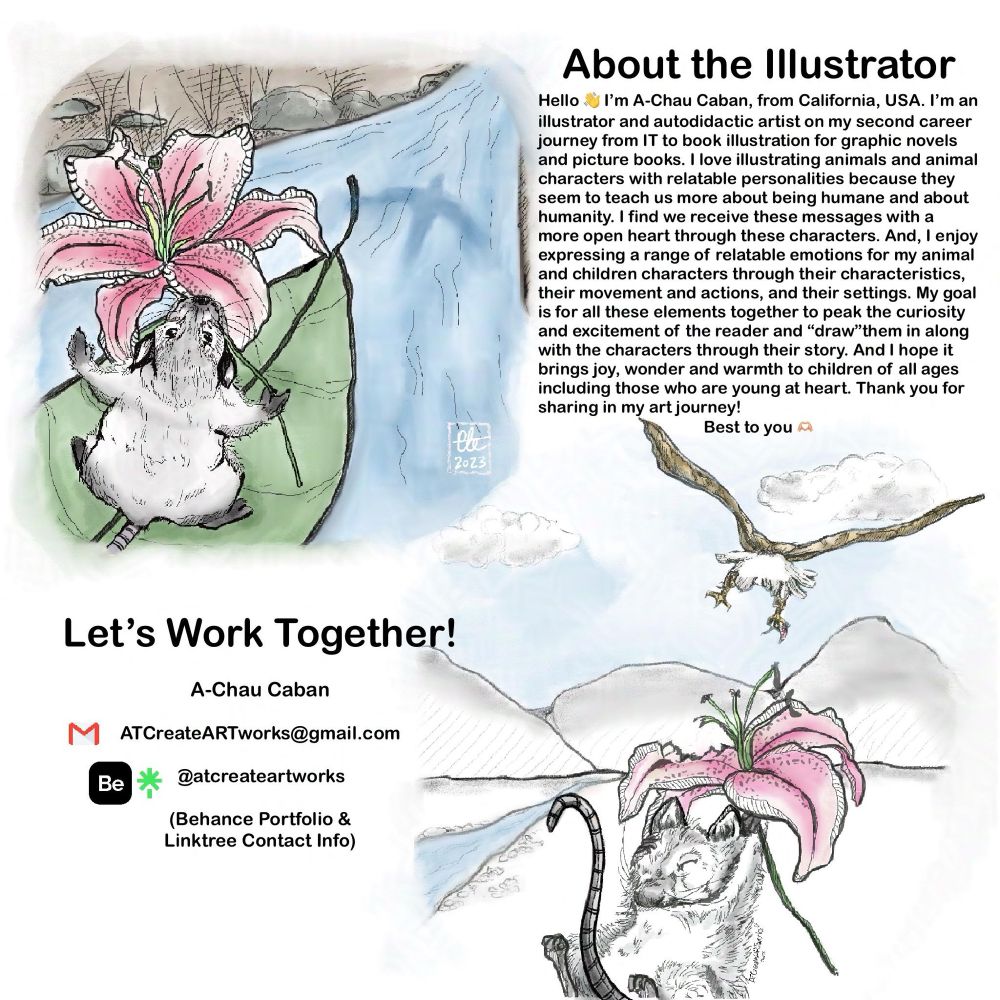 Illustrated art postcard for #kidlitartpostcard day. It has a cute little field mouse named Fin on an adventure. It shows illustrated spots of Fin on a leaf boat going down the stream carrying a lily flower. In the second spot illustration, Fin who covers his head with his flower, just barely escapes a swooping hawk who only caught a bit of his Lilly flower that saved him. Fin is on his way home to bring a lily flower back to his sweet Fran waiting at home.  It’s her favorite flower. The things we’ll do for love -the power of love 💕 