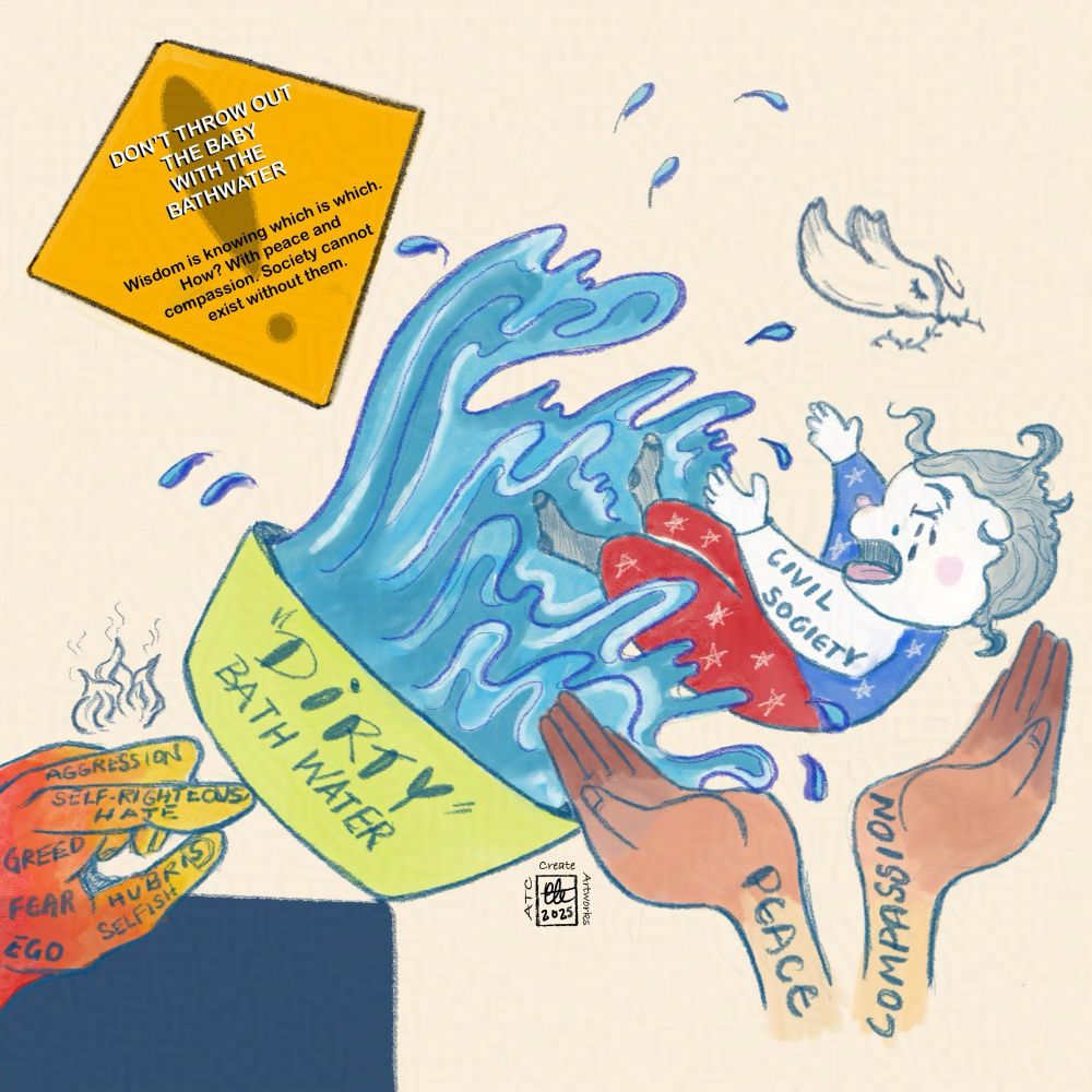 An editorial cartoon illustration of a baby crying being pushed out of the bath and falling with the bath water pouring out. A firey hand with the pointer finger pushed the baby bath and is tattooed with the worlds hate, greed, self-righteousness, hubris, selfish, aggression, fear and ego. And two hands with the world’s peace and compassion are there to catch the baby. It’s in support of fairness for federal workers being indiscriminately fired by DOGE. 