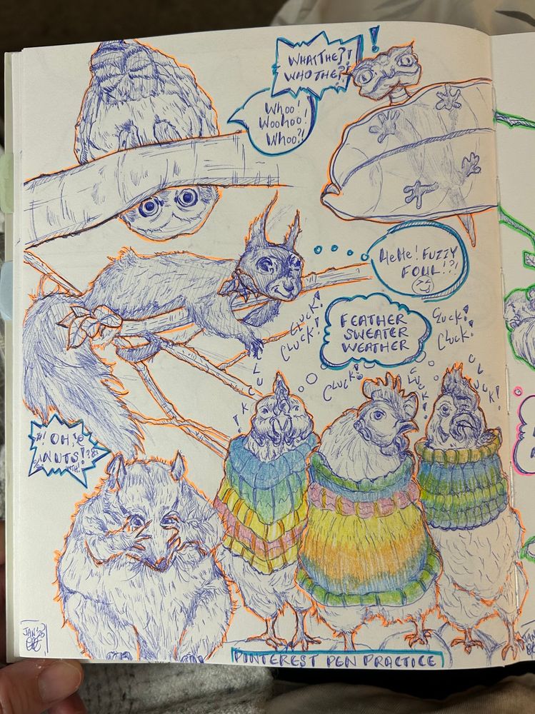 Pen sketch of various animals in using squirrels, chickens , lizard and owl). They have funny expressions looking at the chickens dressed in winter sweaters. And comic thought bubbles with funny text are added to each animal, like the chickens sayin “feather, weather sweater, cluck, cluck!”