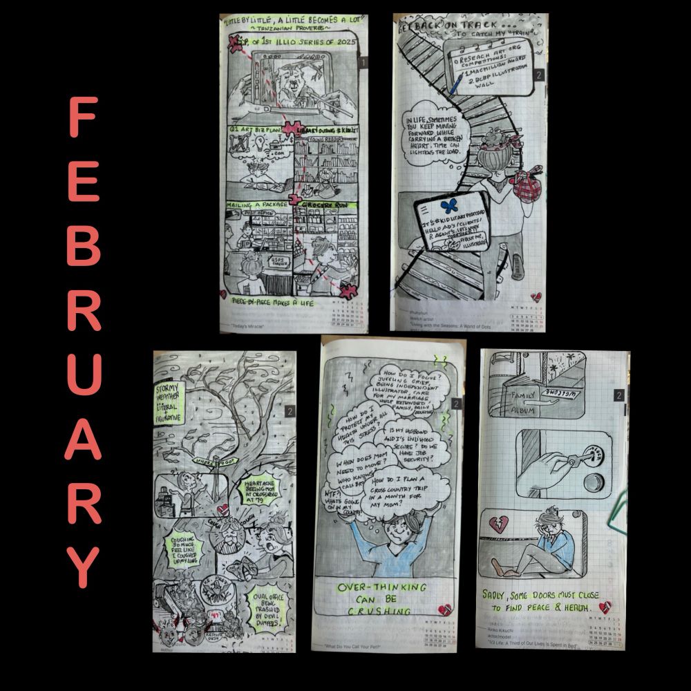 Image has 4 panel cartoons from my 2025 illustrated journal - one for each week of February. Each panel illustrators a week in my life. These reflect my personal journaling including what I did in a week like grocery shopping, going to the post office or working on an illustration project t. Another week is more figurative representation of my week like “getting back on track” after a family loss with building my illustration career including participating in Bluesky hashtags. Another week reflects literal stormy weather in my area but also stormy emotional  things that I was facing like my mom’s uncertain future, my persistent coughing and the chaotic state of my country. The next cartoon is a reflection of how overthinking with all these stressors felt crushing so it’s a cartoon me being crushed by cartoon speech bubbles. And lastly a very personal moment in my life when sometimes you must close doors to find peace and health. 