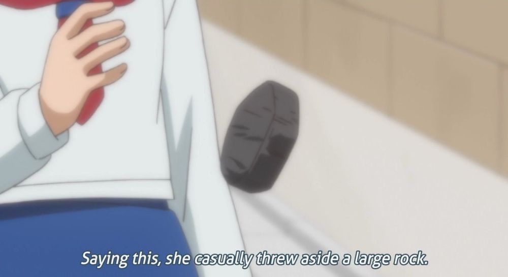 Saying this, she casually threw aside a large rock meme