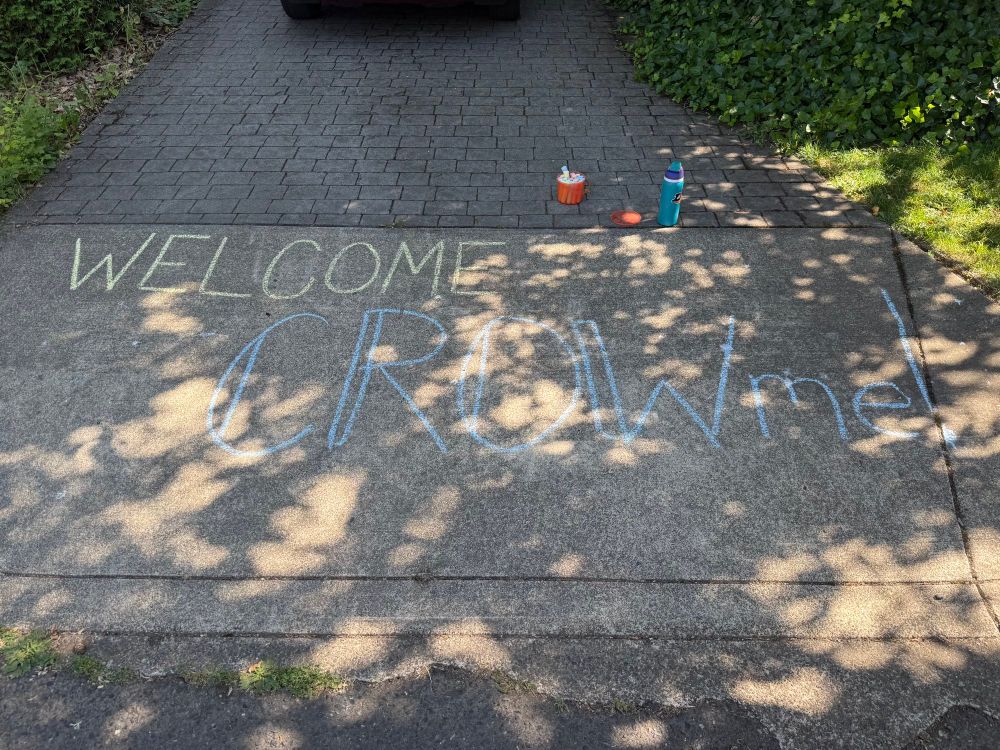 Written on driveway in chalk “Welcome CROWme!”