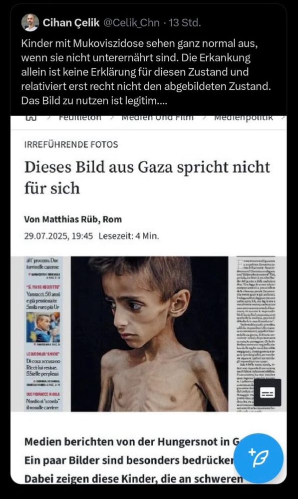 Screenshot X Facharzt @Celik_Chn:

Kinder mit Mukoviszidose sehen ganz normal aus, wenn sie nicht unterernährt sind. Die Erkankung allein ist keine Erklärung für diesen Zustand und relativiert erst recht nicht den abgebildeten Zustand. Das Bild zu nutzen ist legitim.