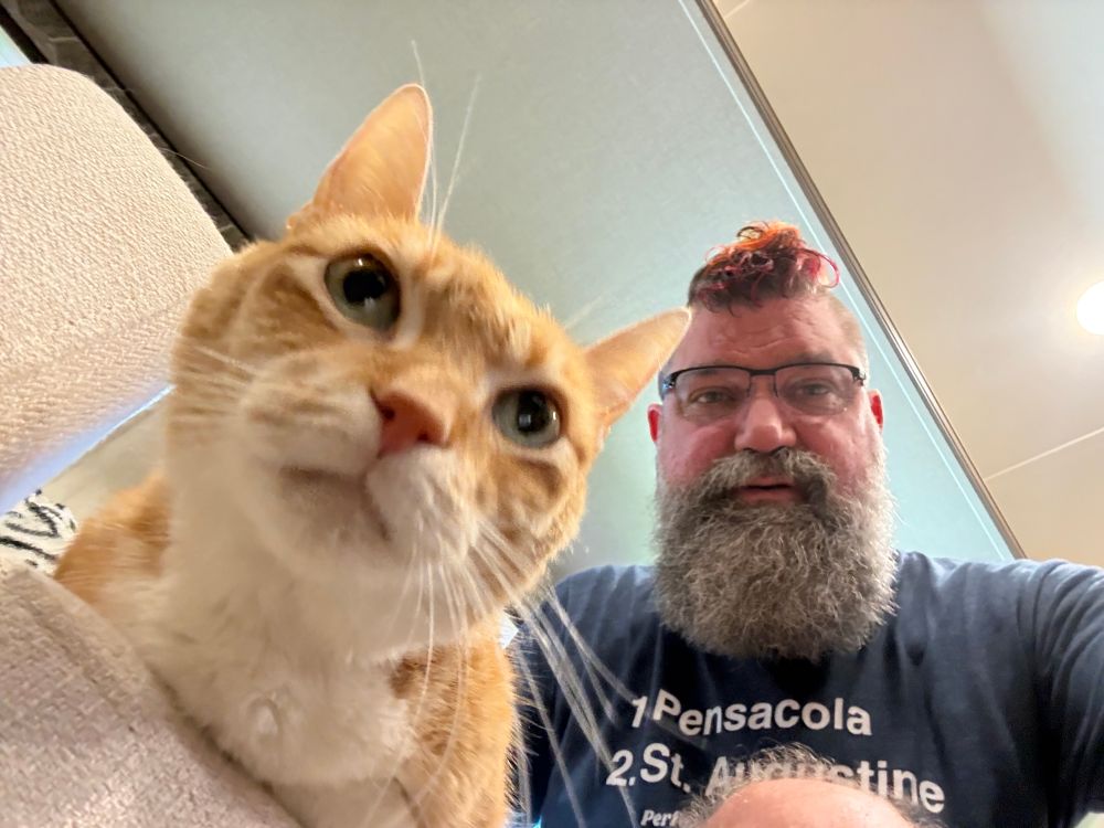 A close-up of the face of a beautiful orange and white cat (Cap’n Jack) with long white whiskers, with a bearded man in the background