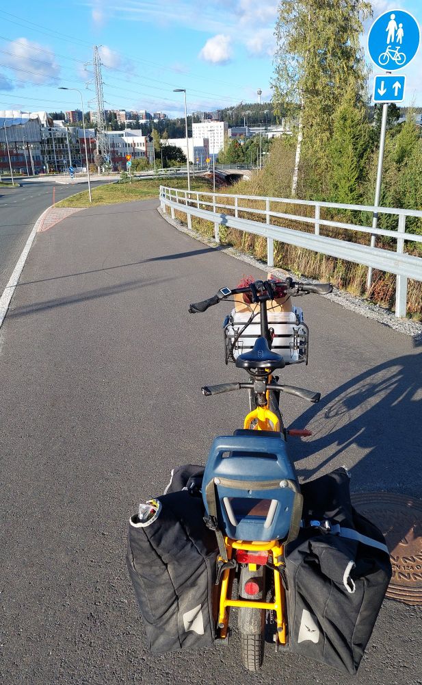Pyörätie, joka sukeltaa mutkan takana alikulkuun. Vieressä tasainen ajorata. Etualalla pitkäperäpyörä.