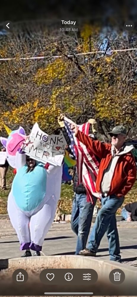 Inflatable rainbow unicorn with a “Honk if you ❤️ America” sign and a guy in a red jacket and bill cap waving a big American flag  