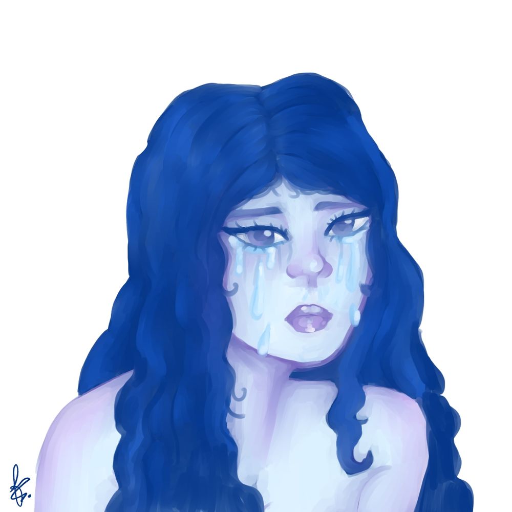 A woman with long and curly blue hair crying. Her skin is a mix between purple and light blue. She has grey-purple eyes.