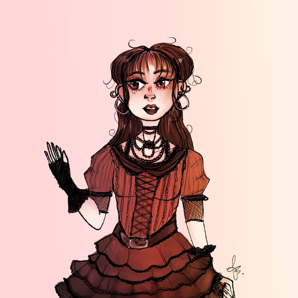 A woman with brown hair and brown eyes, dressed in a Lolita style outfit colored with earthy tones.