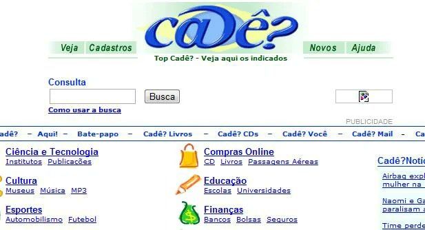 Print da home do cadê, um buscador brasileiro vendido para gringos no final dos anos 90