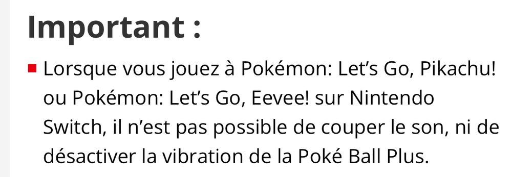 Capture d’écran du site de Nintendo : « Lorsque vous jouez à Pokémon let’s go pikachu, ou Evoli, sur Nintendo switch, il n’est pas possible de couper le son ou de désactiver la vibration de pokeball plus »