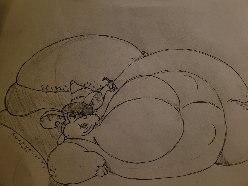 A pencil and ink drawing of a very large anthropomorphic rat laying on her side holding a canned drink in one hand