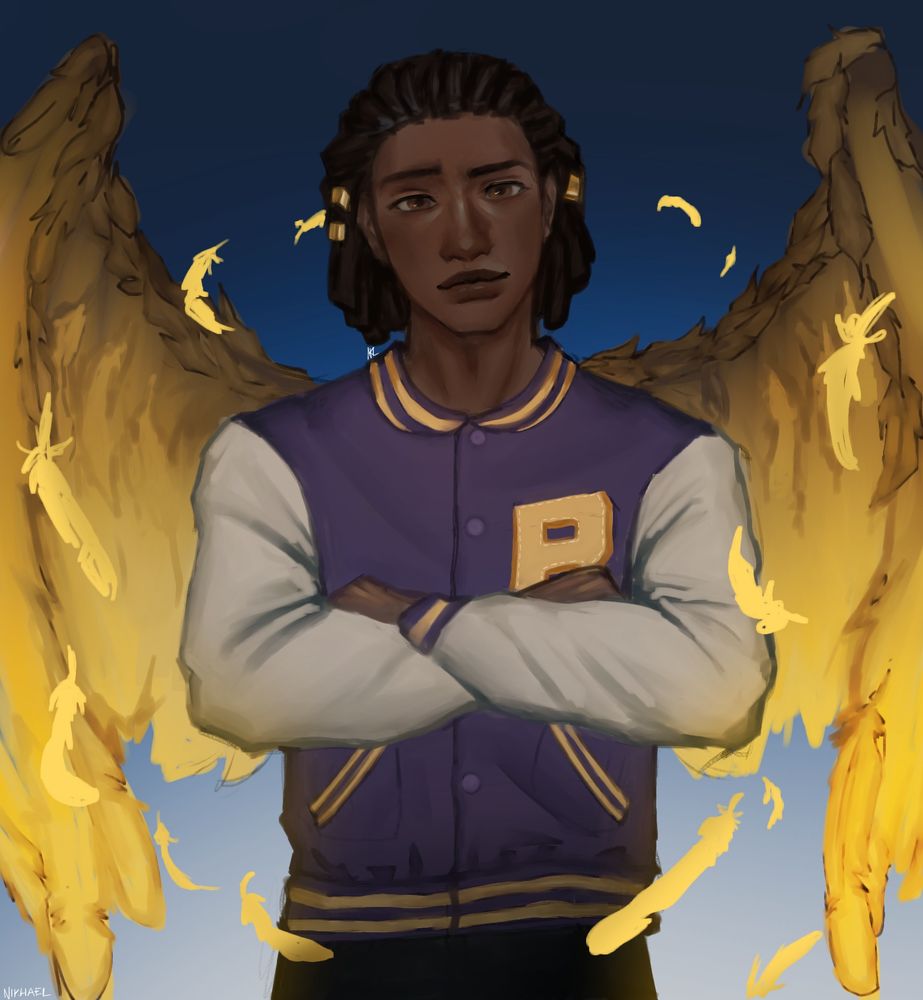 Josh is a black teen with dark brown locs and brown eyes. He is wearing a letterman jacket and his arms are crossed over his chest. Behind him, golden angel wings take up most of the background. 