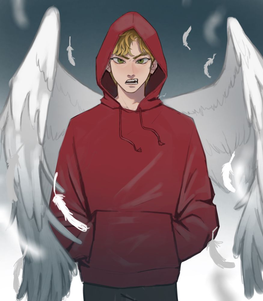 Ryan is a white teen with blonde hair and green eyes, wearing a red hoodie that his hands are tucked into. The hood is up. Behind him, white angel wings take up most of the background. 